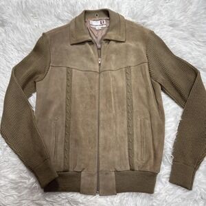 Vintage 80s Suede Leather Jacket Medium Cable Knit Detail Brown Western Cowgirl